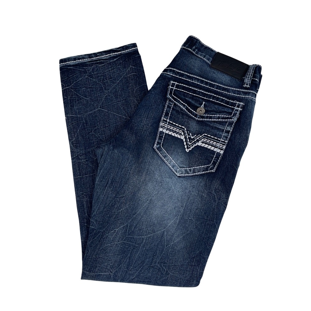 True Luck Mens Jeans 32x32 Straight Leg Dark Wash Heavy Stitch Flap Pocket Denim